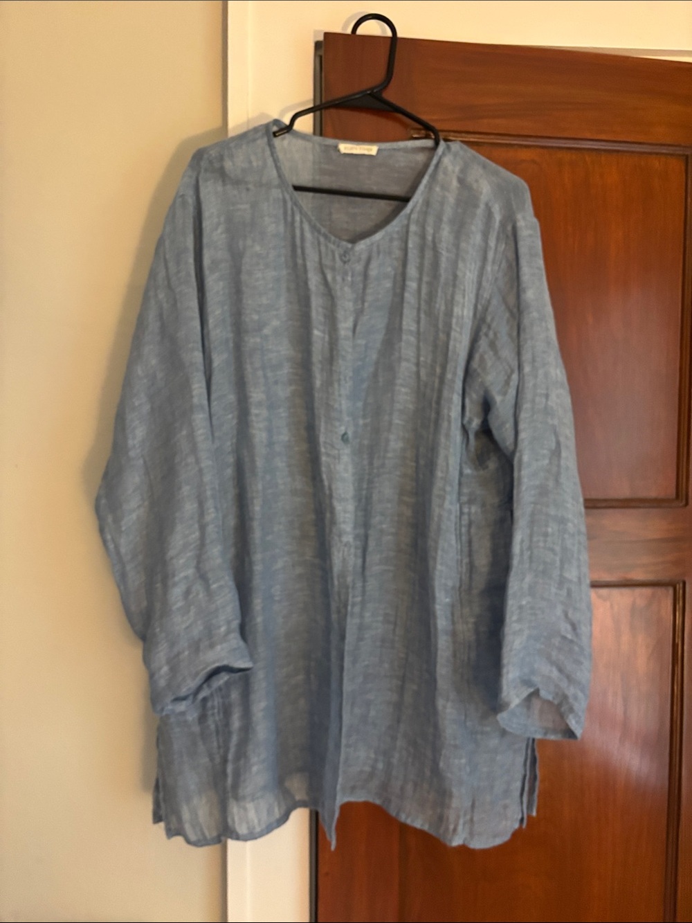 Eileen Fisher Light Blue Linen Button-Down Cardigan with Pockets